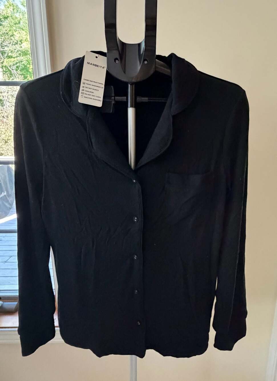 MANBEIYA Ribbed Button-Down Pajama Top Black Size XS